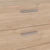 Close-up detail of the hickory wood grain and silver drawer handles.