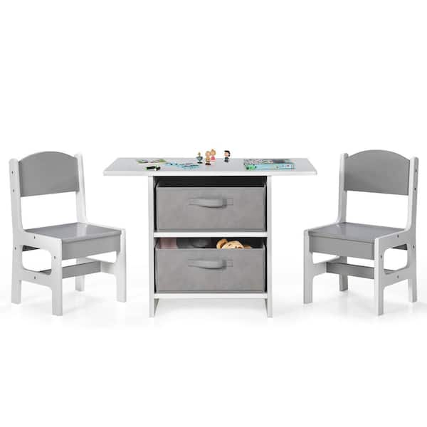 Costway 3-Piece Kids Wood Top Art Table and Chairs Set Drawing