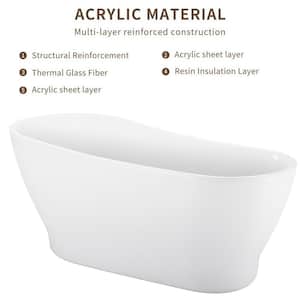 63 in. Acrylic Oval Shaped Freestanding Flatbottom Non-Whirlpool Soaking Bathtub Top Sloping Design in White