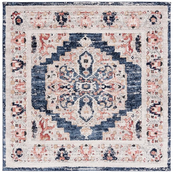 SAFAVIEH Luna Blue 7 ft. x 7 ft. Distressed Ornate Square Area Rug