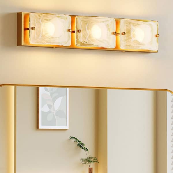 22.1 in. 3-Light Gold Integrated LED 3 CCT Dimmable Vanity Light with Textured Glass Shade for Bathroom, Bedroom