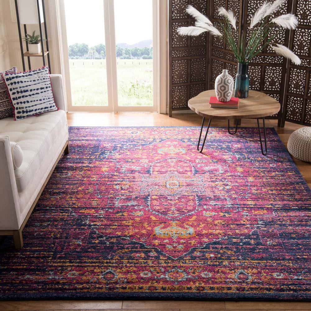 Elegant Blue/Fuchsia 9' x 12' Easy-Care Synthetic Area Rug