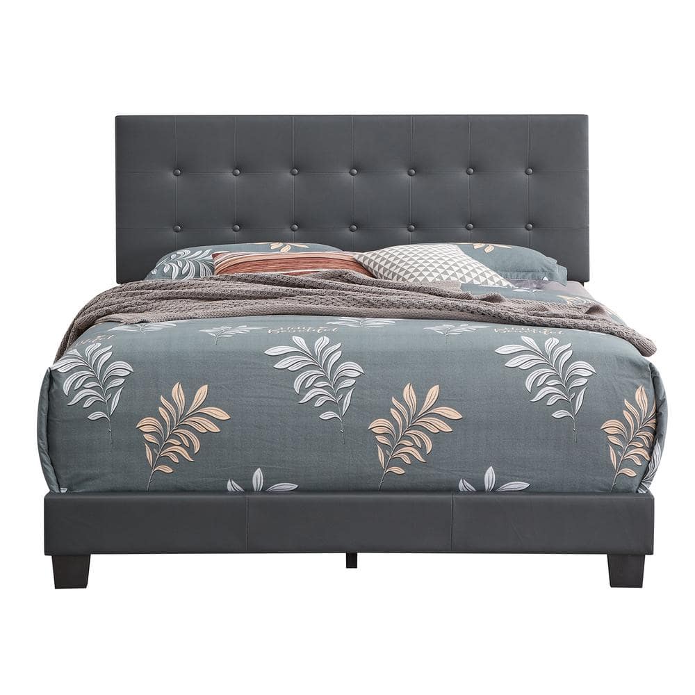 AndMakers Caldwell Dark Grey Faux Leather Button Tufted Queen Panel Bed -  PF-G1306-QB-UP