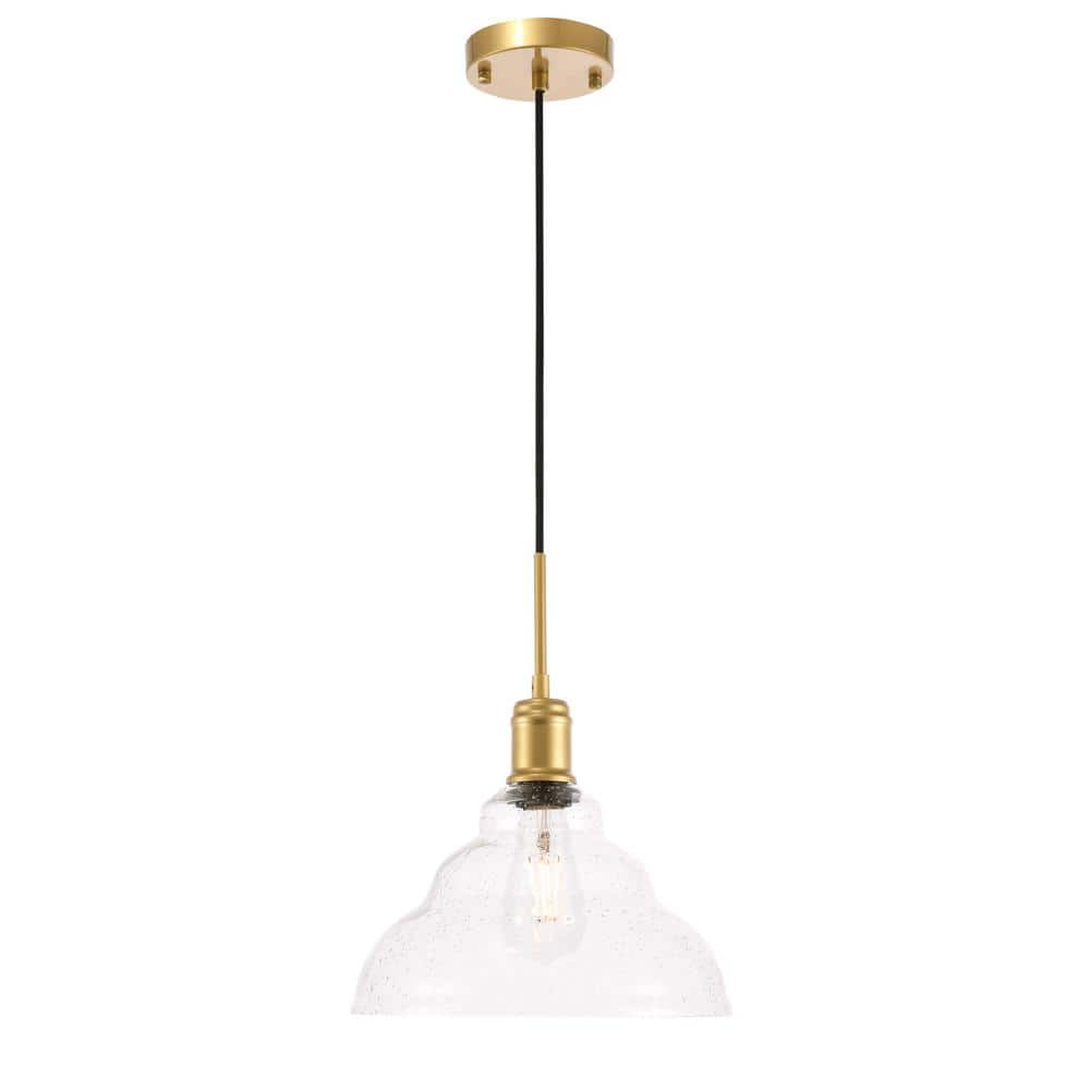 Timeless Home 11 in. 1-Light Brass and Clear Seeded Glass Pendant Light, Bu