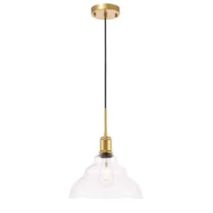 Timeless Home 11 in. 1-Light Brass and Clear Seeded Glass Pendant Light, Bulbs Not Included