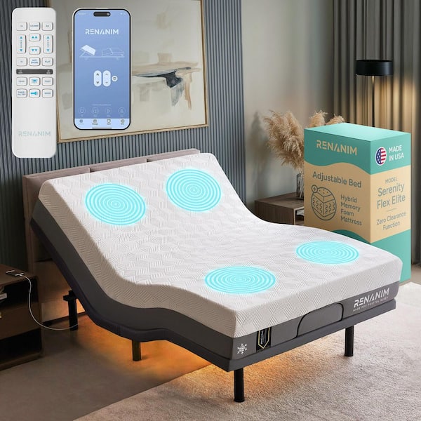 Renanim Gray Queen Adjustable Bed Frame Base with 14 in. Hybrid Mattress, Massage, Wireless Remote, Underbed Light Electric Bed