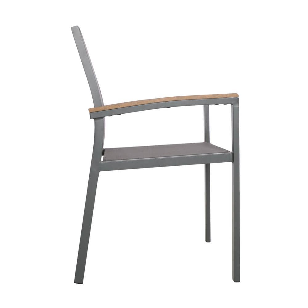 Gray and Natural Brown Aluminum Outdoor Dining Chairs with Faux Wood Accents, Set of 4