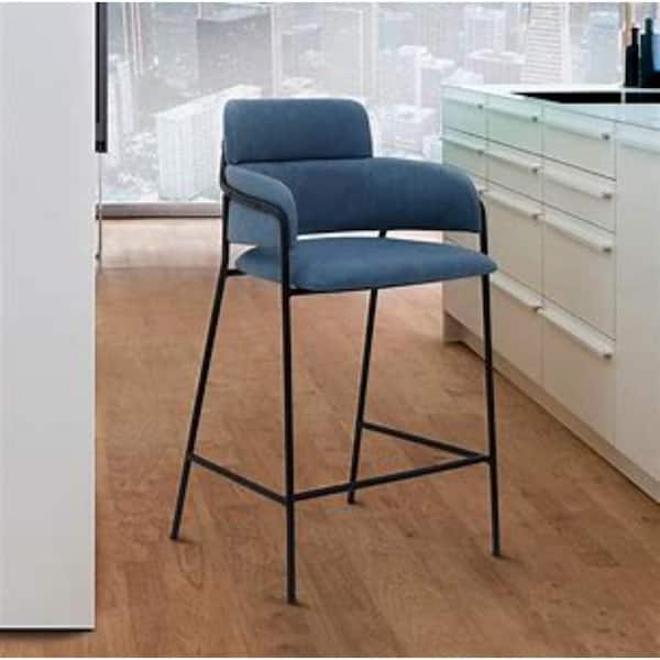HomeRoots 26 in Light Blue High Back Metal Bar Stool with Faux Leather Seat