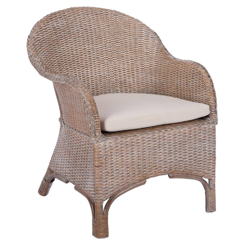 Antonia White Wash Rattan Barrel Accent Chair with Cushion