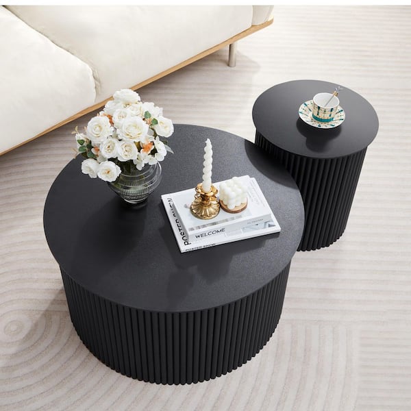 Large and Small 17.72 in. H Black Round MDF Wavy Coffee Table Set