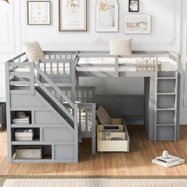 Twin-Twin over Full L-Shaped Bunk Bed With 3 Drawers, Portable Desk and Wardrobe, Gray