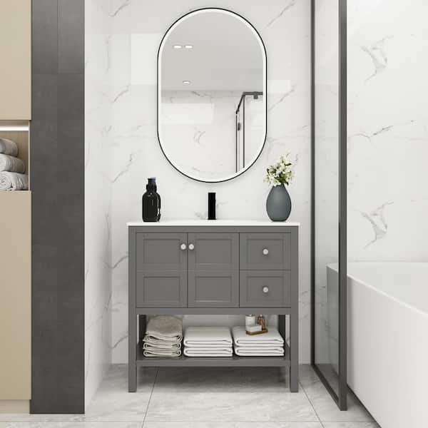 Unbranded 36 in. W x 18 in. D x 35 in. H Freestanding Single Sink Bath Vanity in Rock Grey with White Resin Top