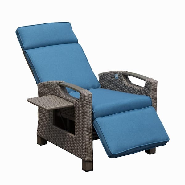 Boosicavelly Brown Hand-Woven Wicker Outdoor Lounge Chair with Navy Blue Cushions
