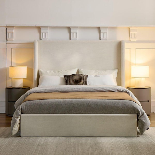 Luxury Collection Beige Upholstered Wood Frame Queen Platform Bed with Wingback Headboard