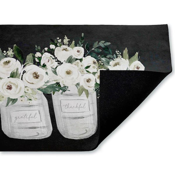White Roses in Country Jars Black 18 in. x 30 in. Polyester Non-Slip Outdoor Door Mat