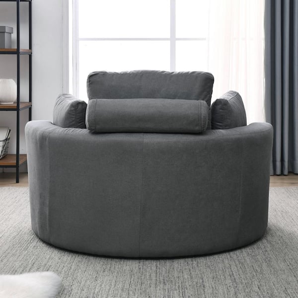Magic Home 51 in. Swivel Accent Barrel Sofa Linen Fabric Lounge Club Big Round Chair with Storage Ottoman and Pillows, Beige