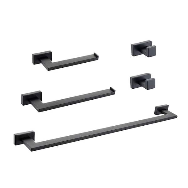 taholi Minimalist style Stainless steel 5 Piece Bath Hardware Set with Towel Bar, Toilet Paper Holder and Hooks in Black