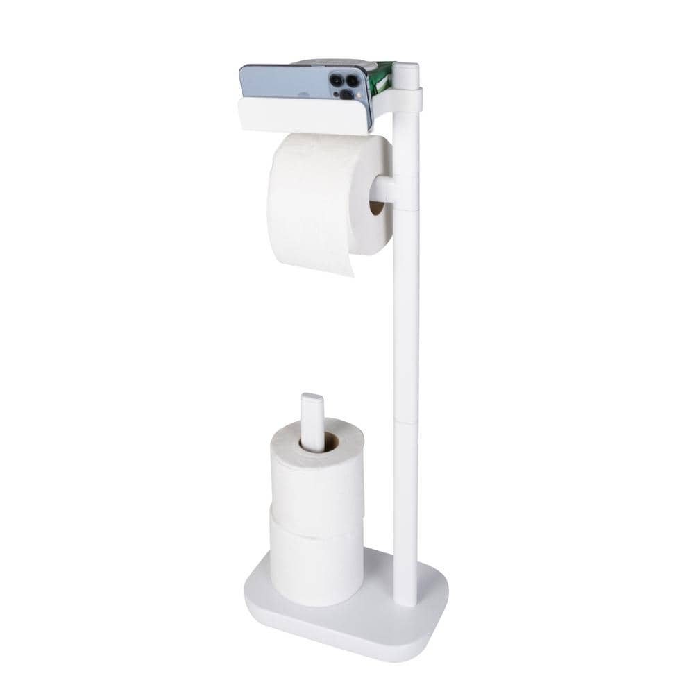 White Freestanding 3-in-1 Toilet Paper Holder with Adjustable Shelf