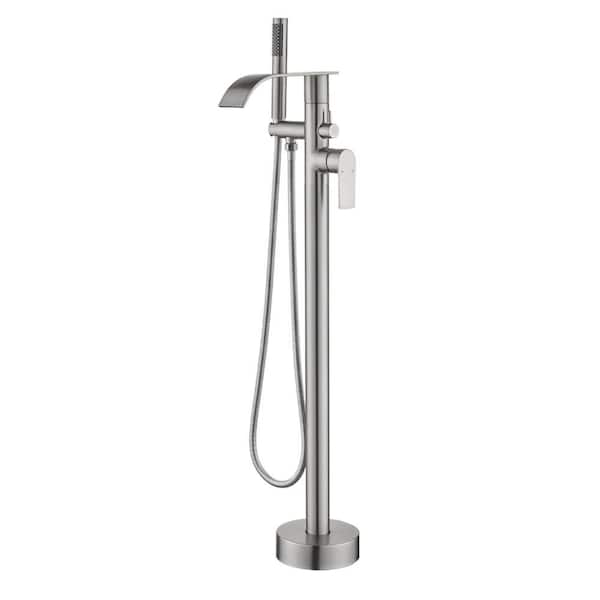 Unbranded 1-Handle Freestanding Floor Mount Tub Faucet Bathtub Filler with Hand Shower in Brushed Nickel