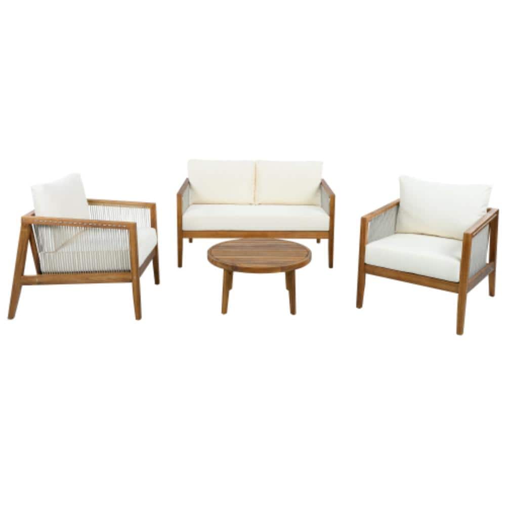 4-Piece Acacia Wood Patio Conversation Set with Beige Cushions, Water Resistant price history on PriceWatchPro