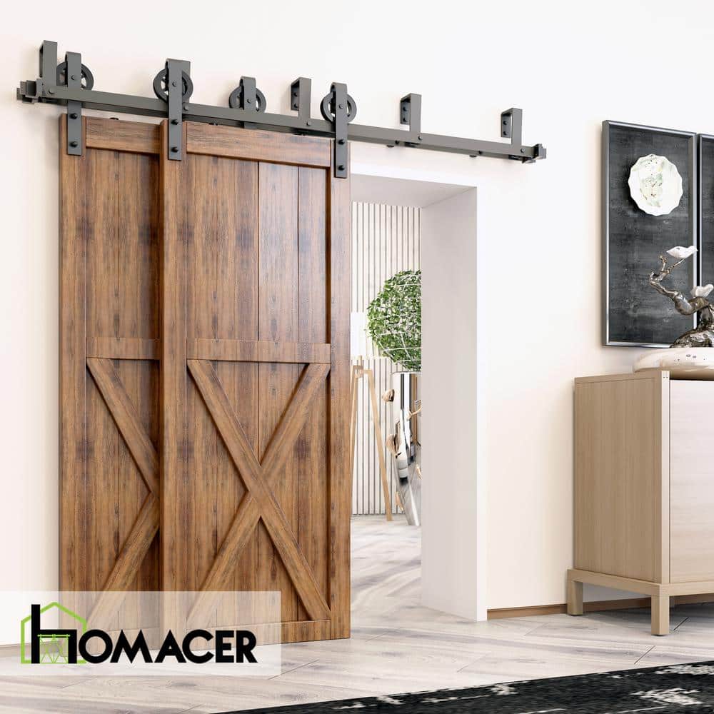 Black Rustic Double Track Bypass Sliding Barn Door Hardware Kit, 12ft
