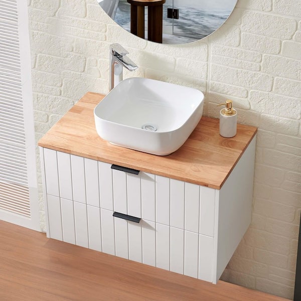 32 in. Wall Mounted Single Sink White Bath Vanity with Natural Solid Wood Top and Ceramic Sink (Self Assembly Needed)