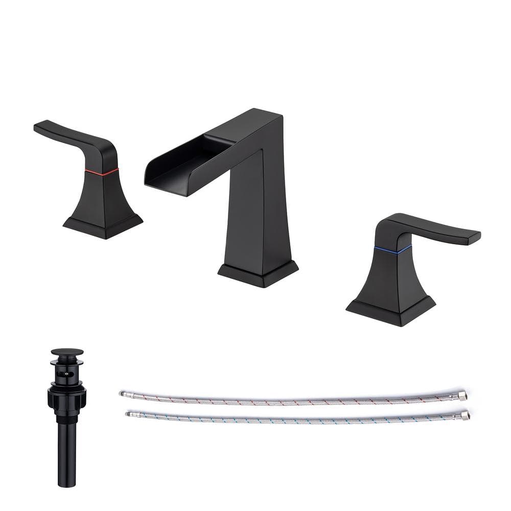 8 in. Widespread Double Handle Bathroom Faucet with Drain Assembly and Waterfall Spout in Matte Black price history on PriceWatchPro
