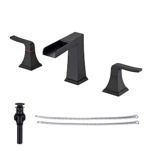 8 in. Widespread Double Handle Bathroom Faucet with Drain Assembly and Waterfall Spout in Matte Black