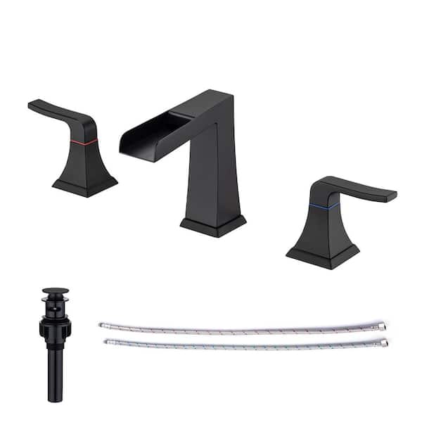 RAINLEX 8 in. Widespread Double Handle Bathroom Faucet with Drain Assembly and Waterfall Spout in Matte Black