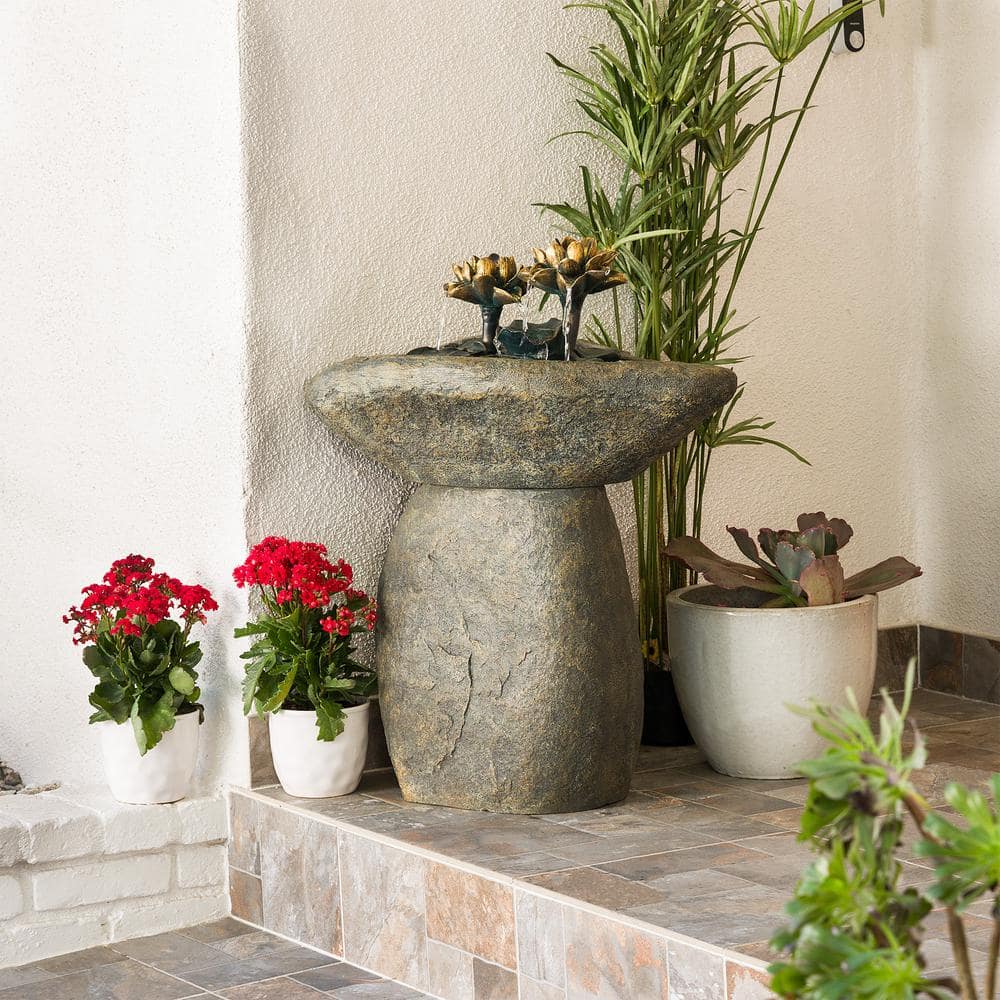 Solar Powered Brown Polyresin Lotus Rock Fountain with LED Lights