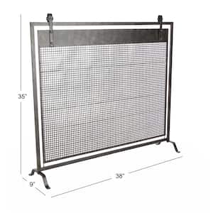 Black Metal Geometric Suspended Grid Style Netting Single Panel Fireplace Screen with Bolted Detailing