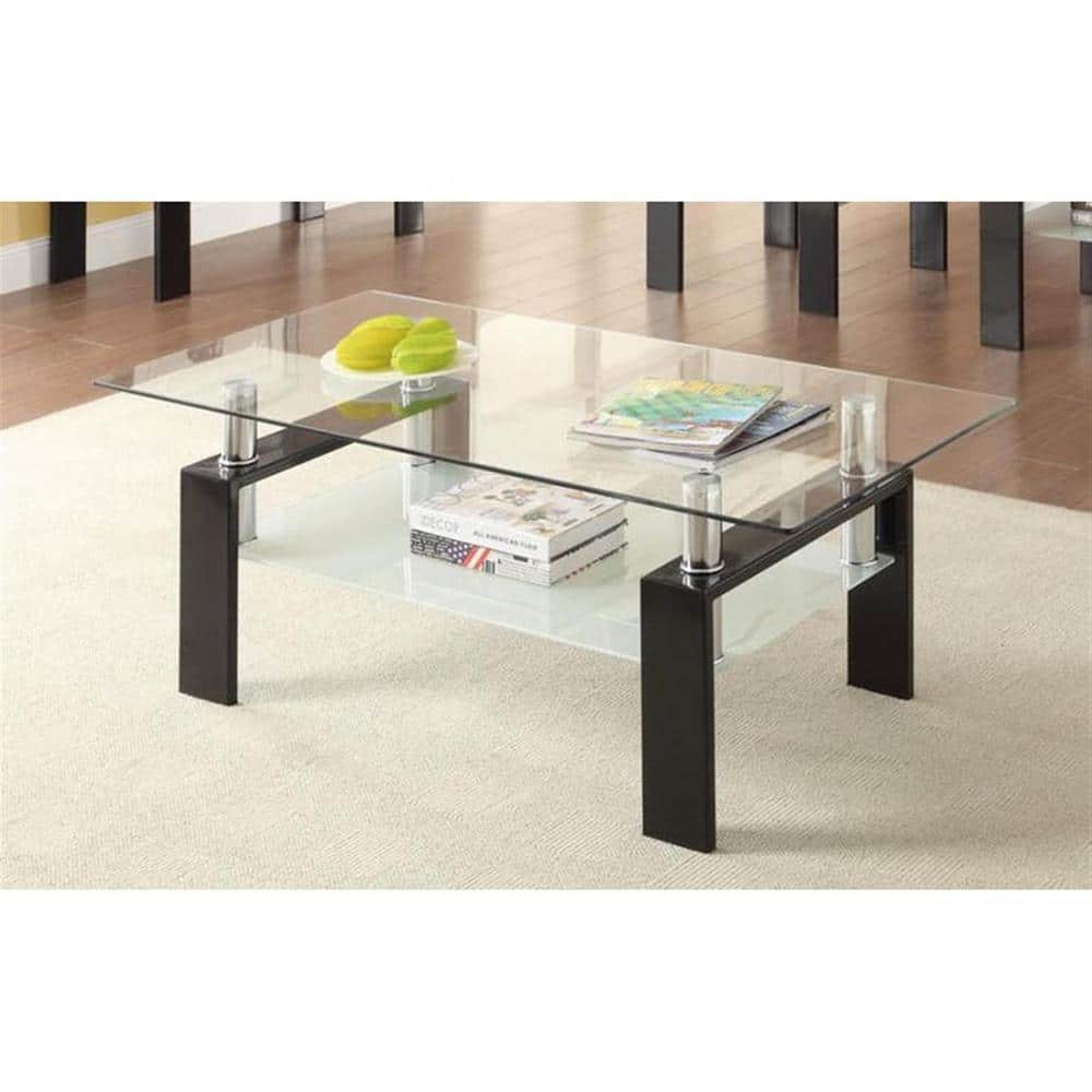 Black Rectangular Glass Coffee Table with Shelf