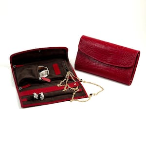 Red "Croco" Leather Multi Compartment Jewelry Clutch with Snap Closure