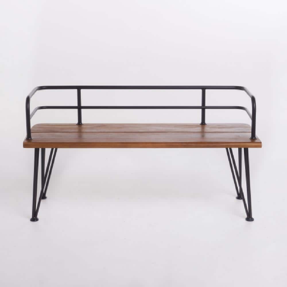 48 in. Teak Wood Outdoor Bench, Classic Industrial Acacia Wooden Bench with Metal Frame for Patio & Basckyard