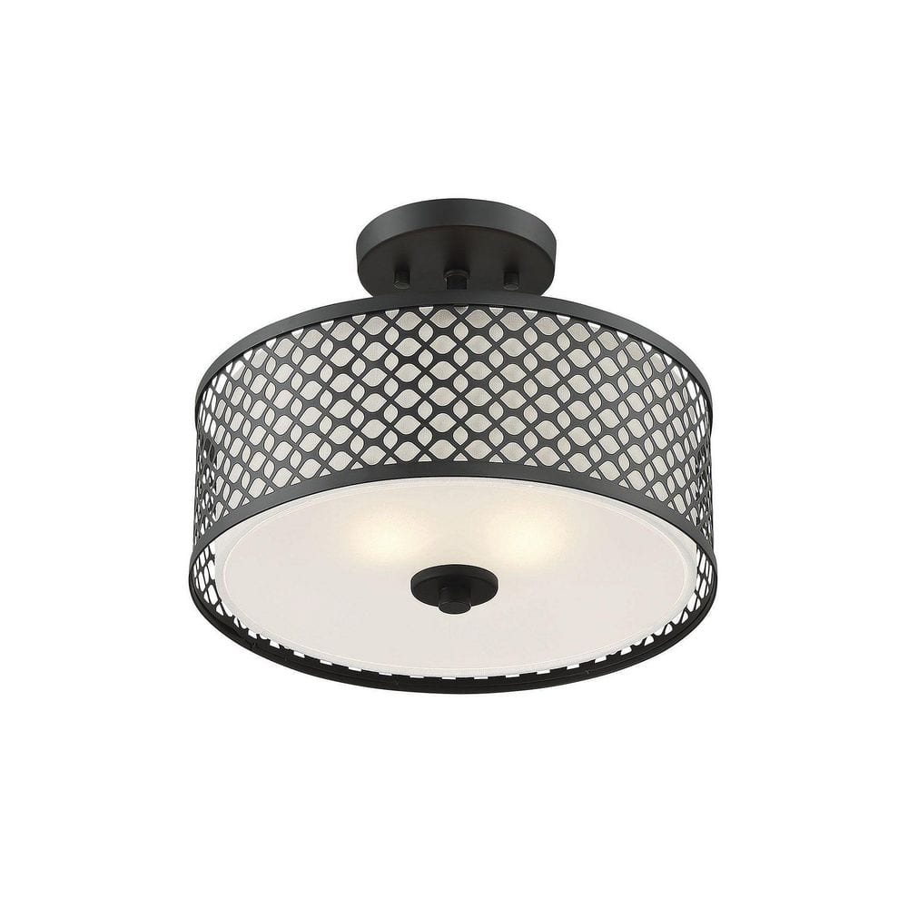 Matte Black Drum Semi-Flush Mount Ceiling Light with Glass Diffuser