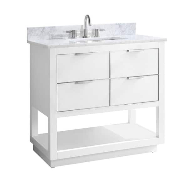 Allie 37 in. Single Sink White with Silver Trim Bath Vanity with Carrara White Marble Top