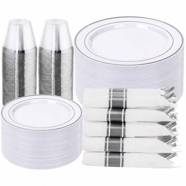 350-Piece Silver Disposable Plastic Dinnerware Set Service for 50 Guests, Fancy Plates for Wedding and Party