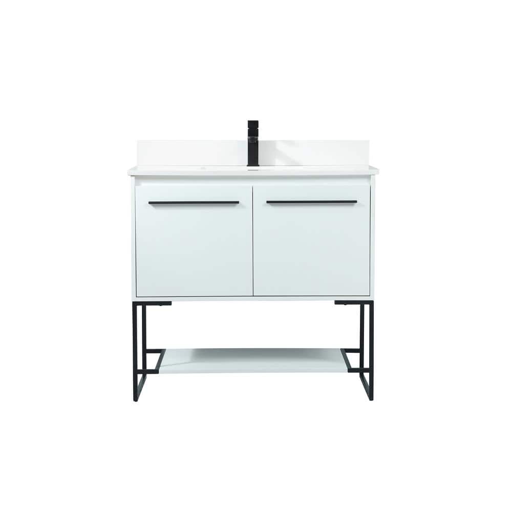 36 in. W Single Bath Vanity in White with Engineered Stone Vanity Top in Iv