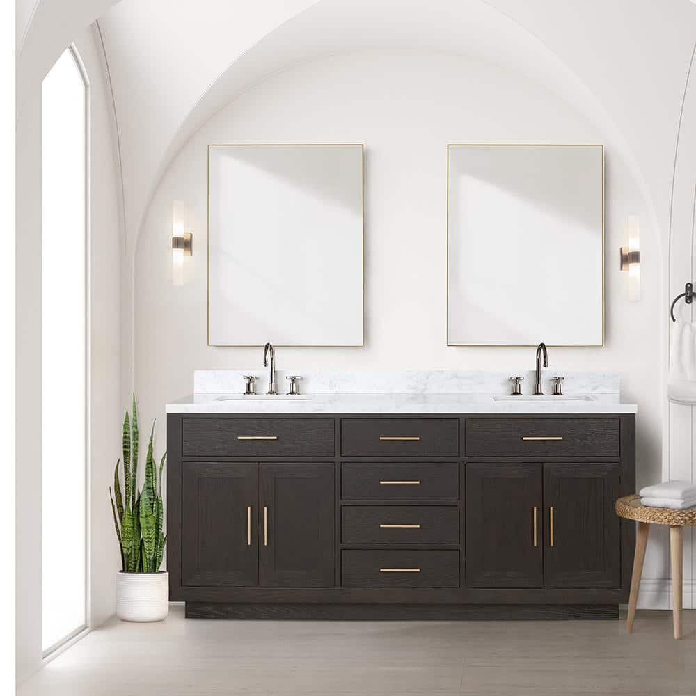 Condor 72 in W x 22 in D Brown Oak Double Bath Vanity, Carrara Marble Top, and Faucet Set -  Lexora, LVCO72DK101