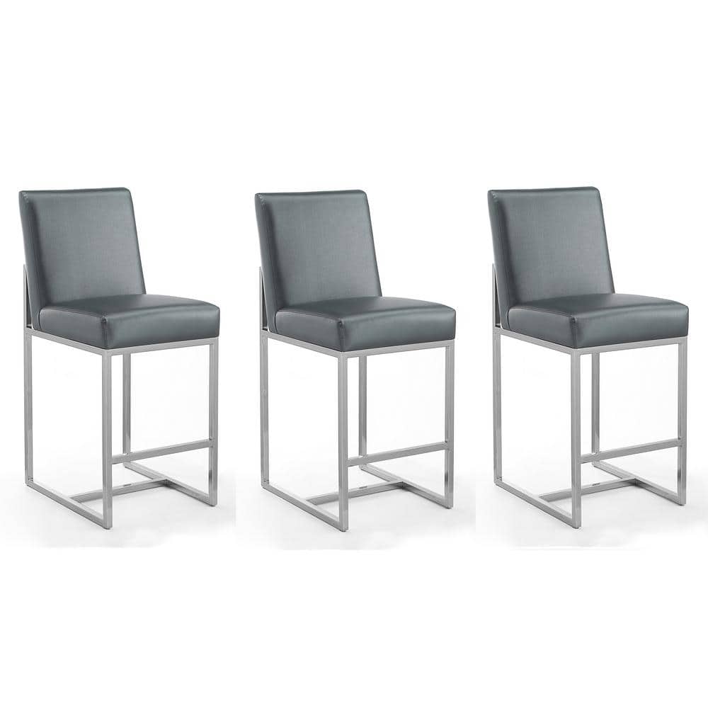 Graphite Faux Leather and Chrome Counter Stools, Set of 3