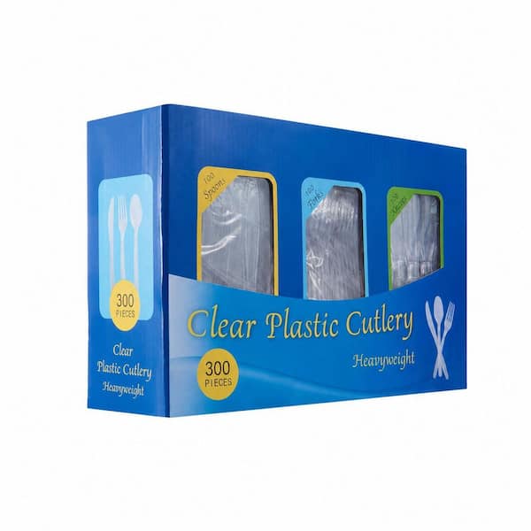 300-Piece Clear Heavyweight Disposable Plastic Cutlery Set with Forks, Spoons and Knives, BPA Free