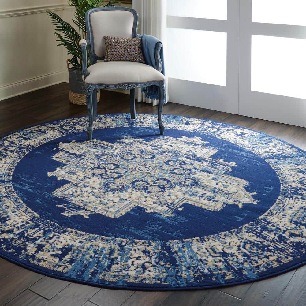 Navy Blue Medallion Round Synthetic Large Rug
