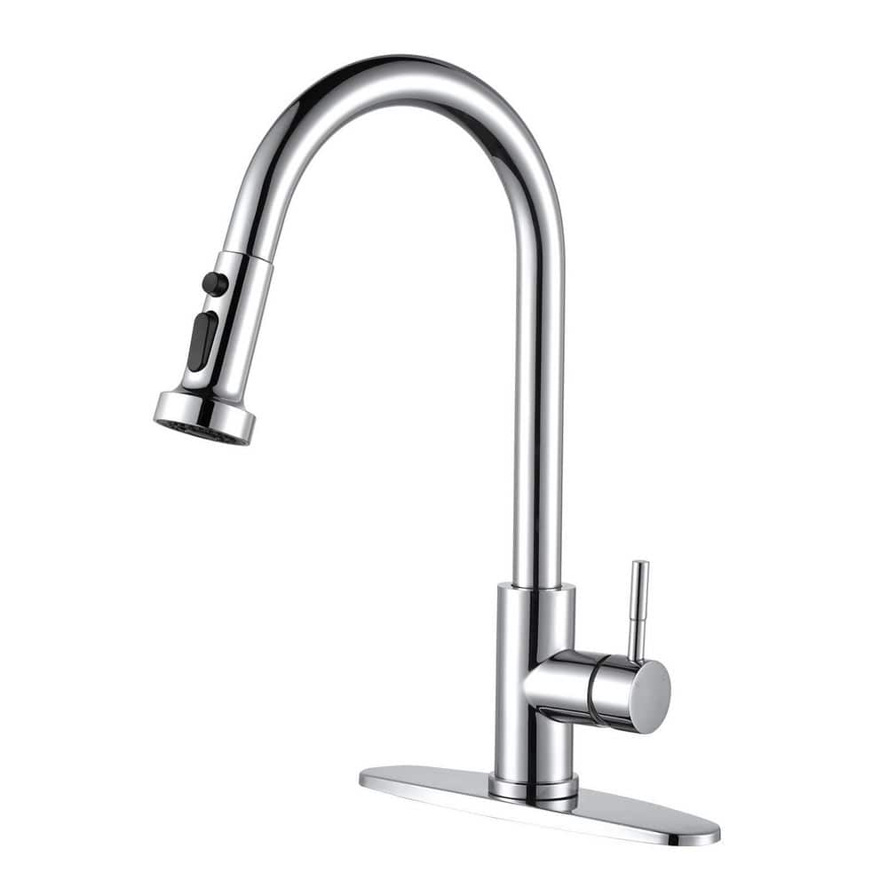 Single-Handle Deck Mount Gooseneck Pull Down Sprayer Kitchen Faucet Stainless Steel in Polished Chrome -  WOWOW, VG2312601C-BHHD