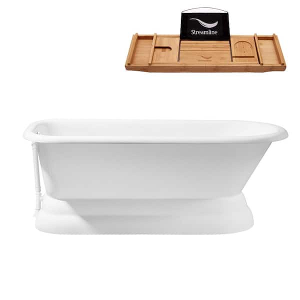 Streamline 66 in. Cast Iron Flat Bottom Non-Whirlpool Bathtub in Glossy White with Glossy White External Drain and Tray