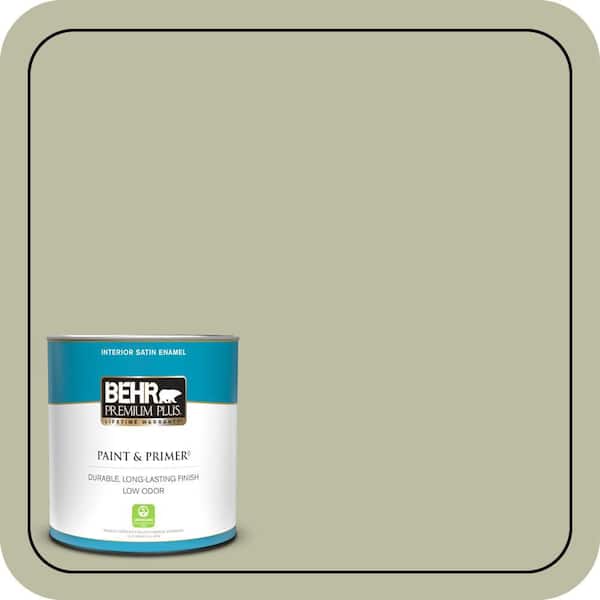 BEHR PREMIUM PLUS 1 qt. #ICC-57 Dried Thyme Satin Enamel Low Odor Interior Paint & Primer