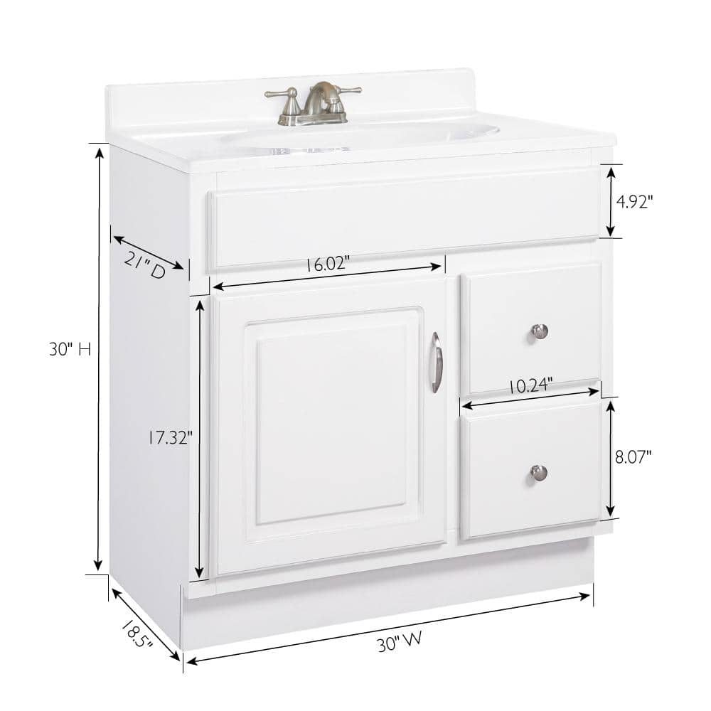 White 30-Inch MDF Bathroom Vanity with Satin Nickel Hardware