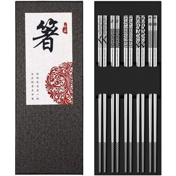 5 Pairs Reusable 18/8 Stainless Steel Chopsticks, Dishwasher Safe, Chop Sticks Cute Laser Engraved Non-Slip Chopstick