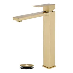 Single Handle Vessel Sink Faucet with Pop-Up Drain, Tall Single Hole Bathroom Faucet in Brushed Gold