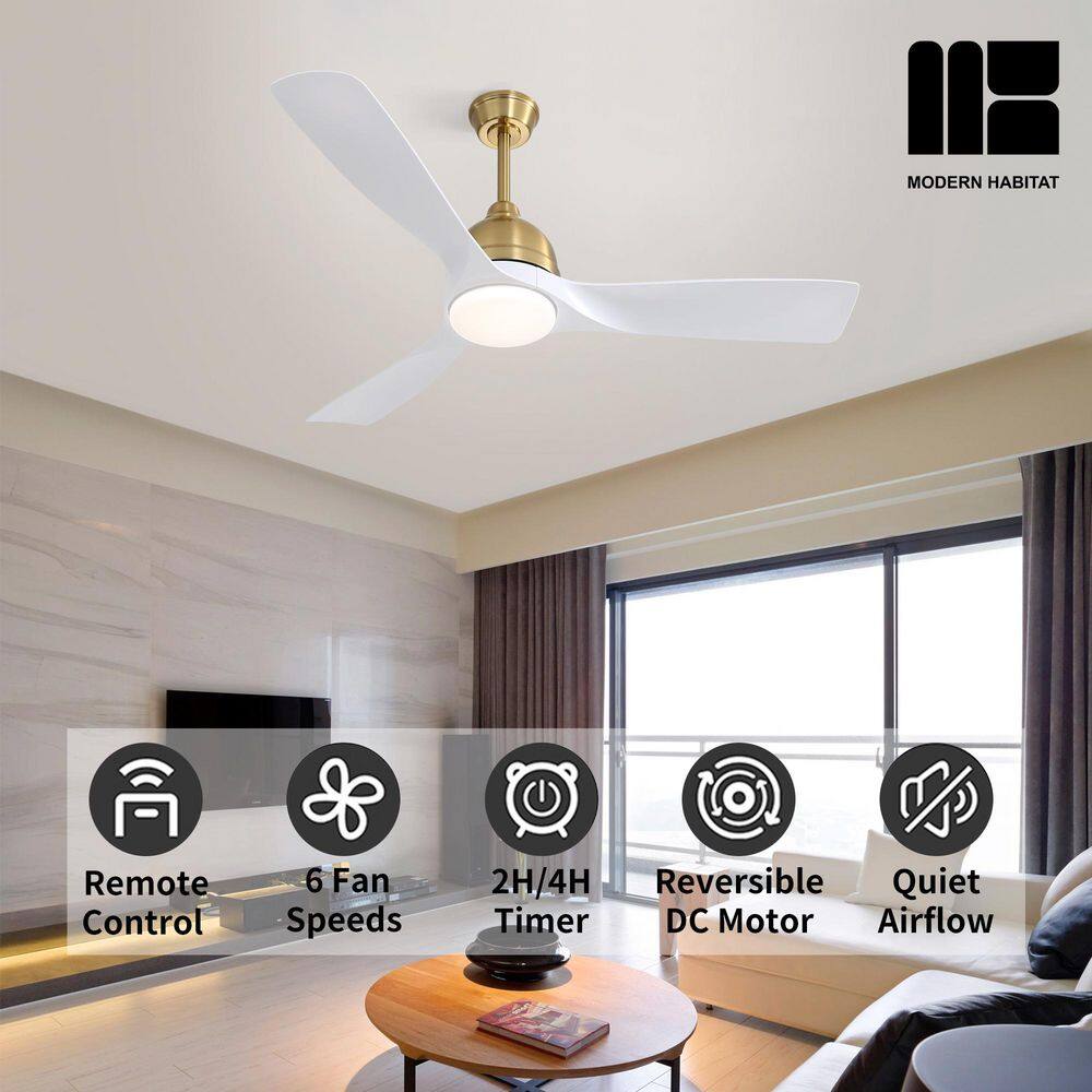 54" White and Gold Modern Ceiling Fan with LED Light and Remote