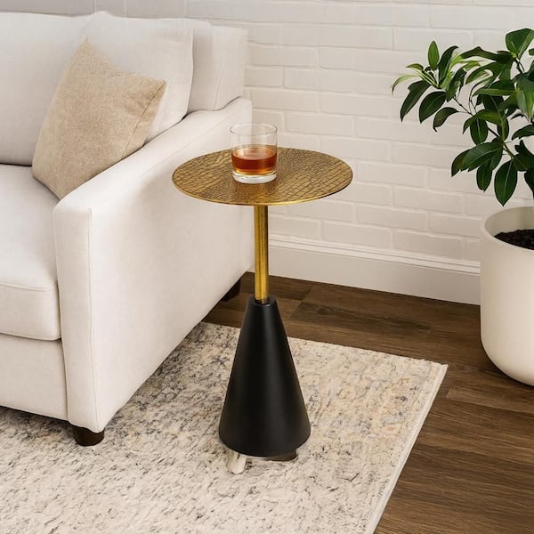 THE URBAN PORT Zavra 14.0 in. Antique Brass and Black Round Top Aluminum Cast Side End Table with Crocodile Pattern